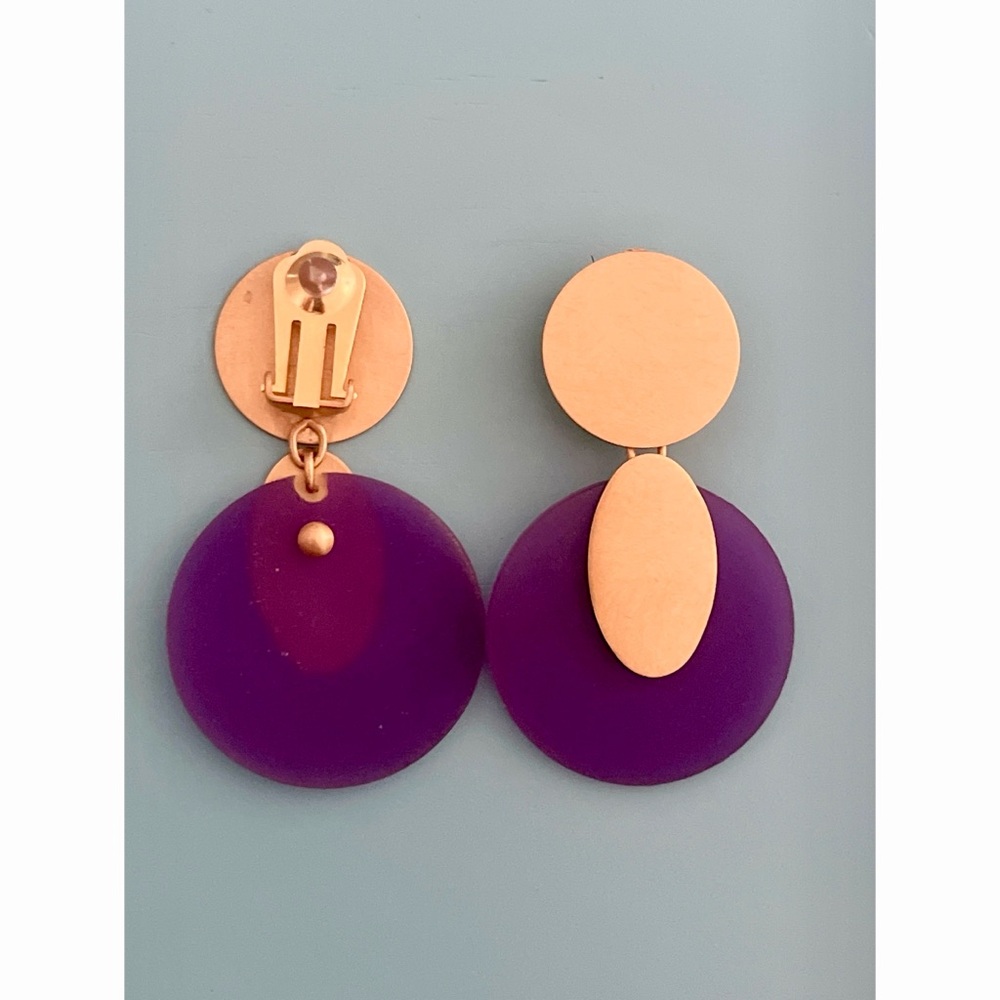 Purple and Gold-Toned Statement Clip-On Earrings - Picture 3 of 10